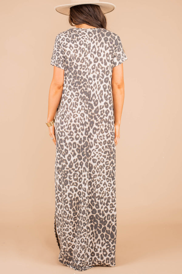 leopard print, maxi dress, dress, short sleeves, v-neckline, mocha brown, leopard maxi dress 