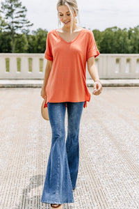 short cuffed sleeves, generous fit, orange v-neck top, top, orange, light, comfy