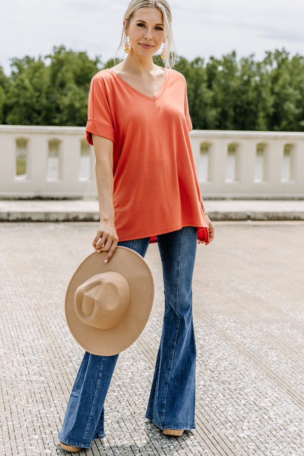 short cuffed sleeves, generous fit, orange v-neck top, top, orange, light, comfy