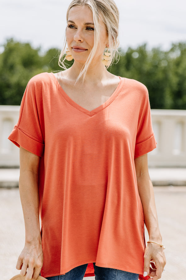 short cuffed sleeves, generous fit, orange v-neck top, top, orange, light, comfy