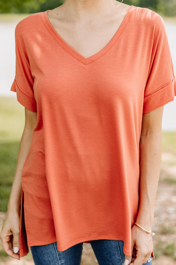 short cuffed sleeves, generous fit, orange v-neck top, top, orange, light, comfy