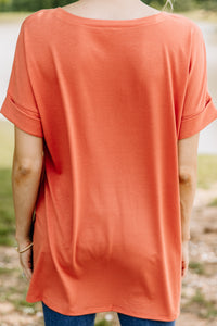 short cuffed sleeves, generous fit, orange v-neck top, top, orange, light, comfy