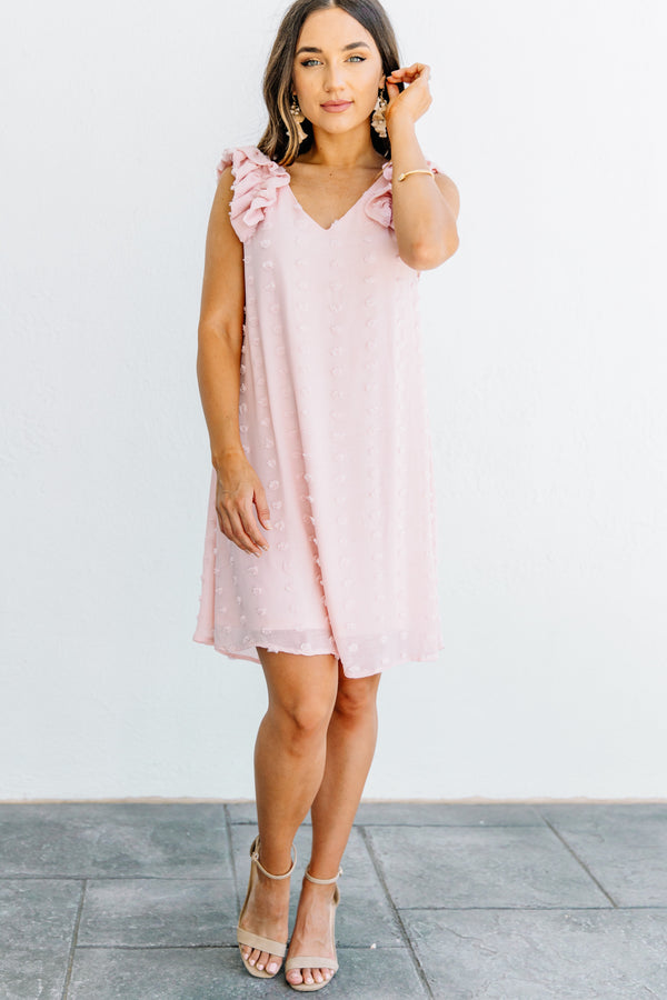 ruffled detailing, v-neckline, swiss dot fabric, blush pink, dress