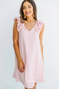 ruffled detailing, v-neckline, swiss dot fabric, blush pink, dress