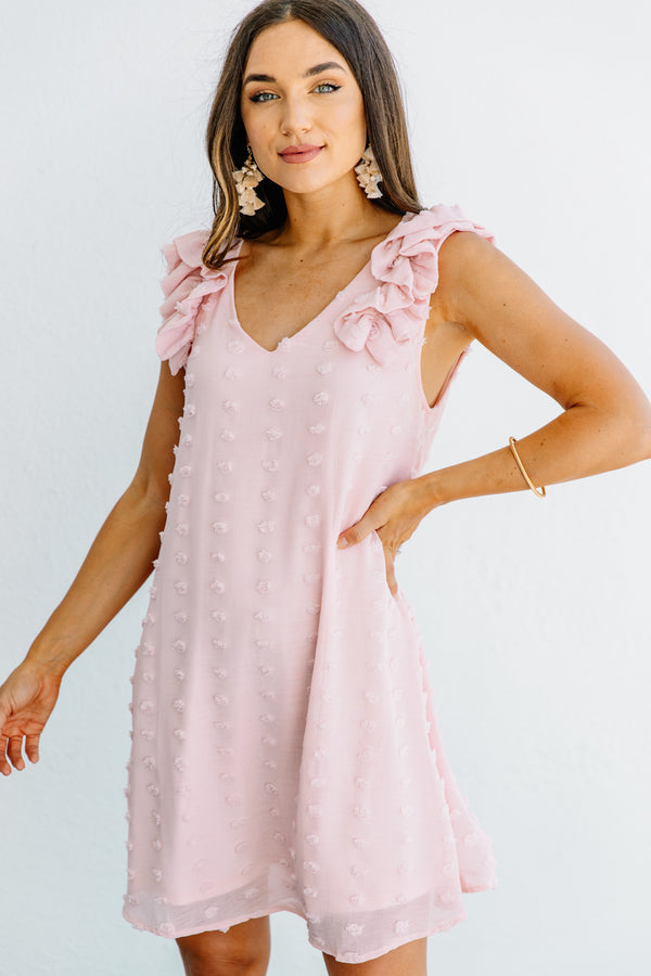 ruffled detailing, v-neckline, swiss dot fabric, blush pink, dress