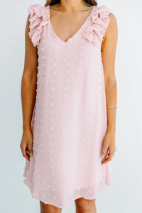 ruffled detailing, v-neckline, swiss dot fabric, blush pink, dress