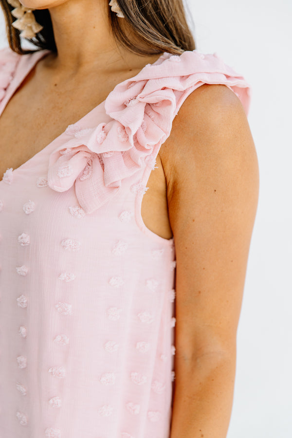 ruffled detailing, v-neckline, swiss dot fabric, blush pink, dress