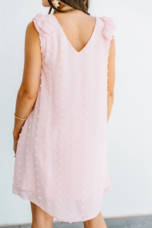 ruffled detailing, v-neckline, swiss dot fabric, blush pink, dress