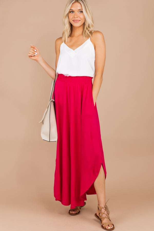 scooped hemline, elastic waistband, maxi skirt, skirt, fuchsia pink