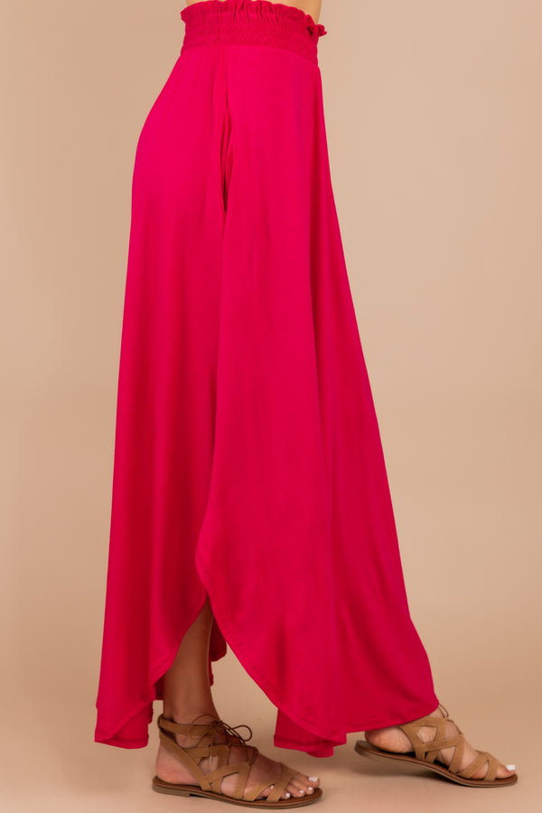 scooped hemline, elastic waistband, maxi skirt, skirt, fuchsia pink