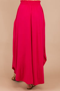 scooped hemline, elastic waistband, maxi skirt, skirt, fuchsia pink