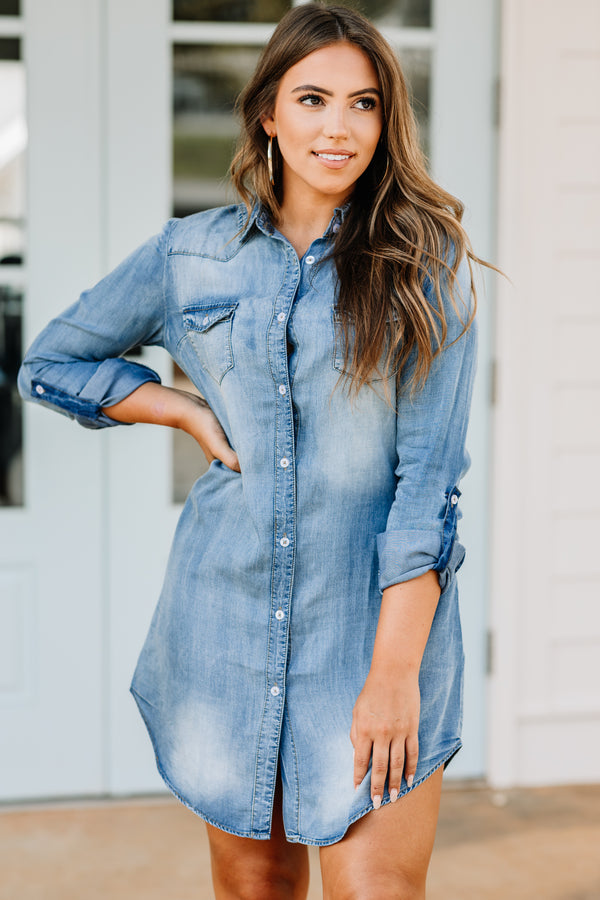 button down front, denim blue, chambray, dress, long sleeves, chambray dress