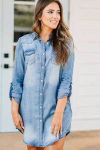 button down front, denim blue, chambray, dress, long sleeves, chambray dress
