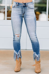 light wash, distressed skinny jeans, fringe detailing, denim, jeans