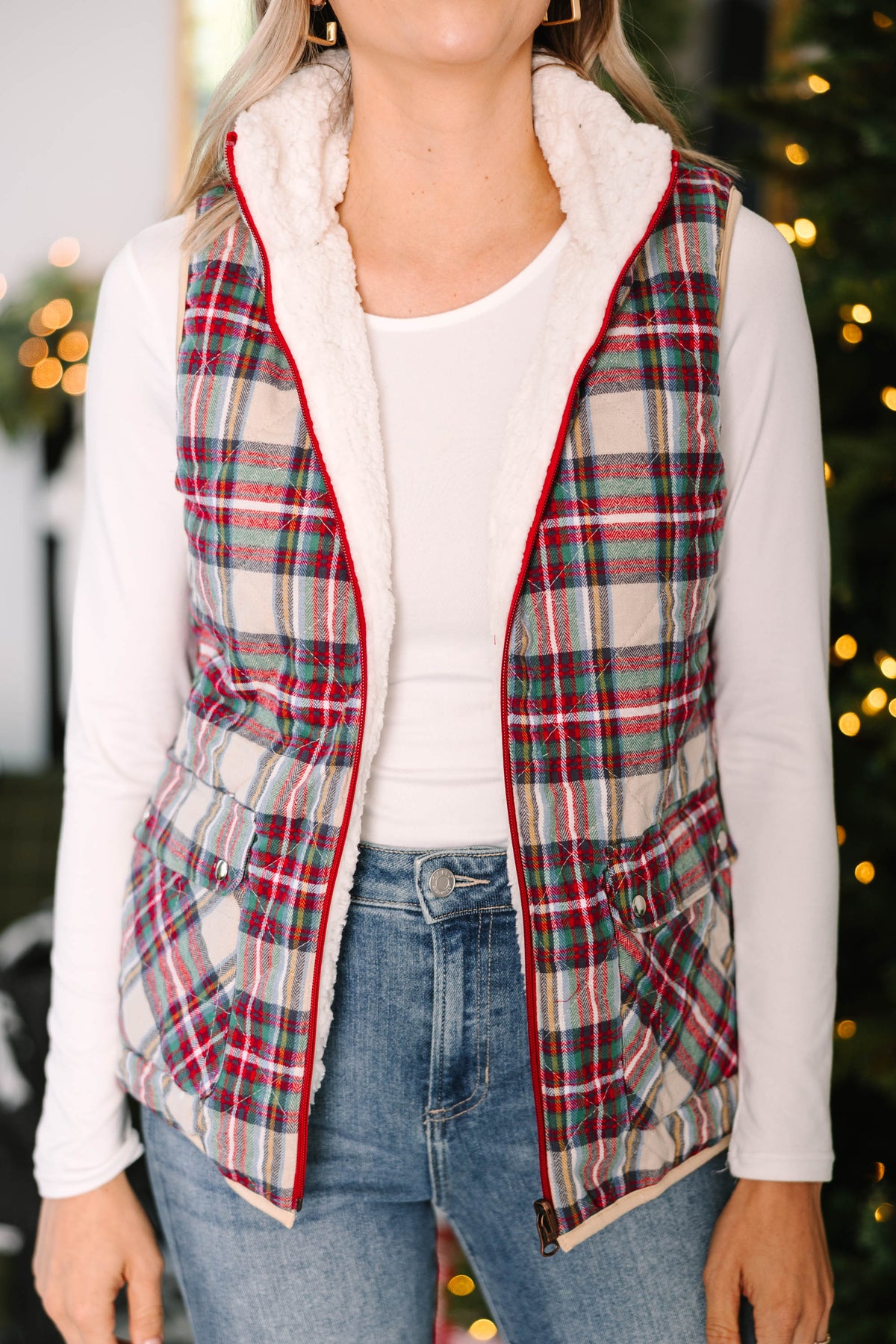 Outdoorsy Tan Brown Plaid Reversible Sherpa Vest - Cute Vests for Women ...
