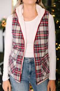 Back To Nature Tan Brown Plaid Reversible Sherpa Vest