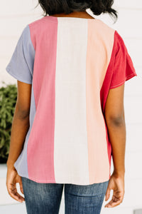 short sleeves, burgundy red, color block print, top 