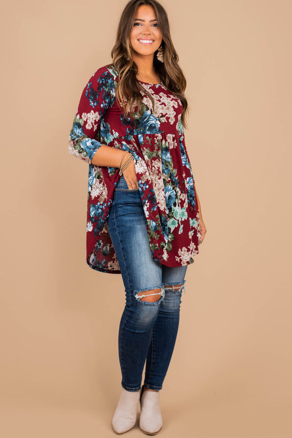 3/4 sleeve floral babydoll tunic