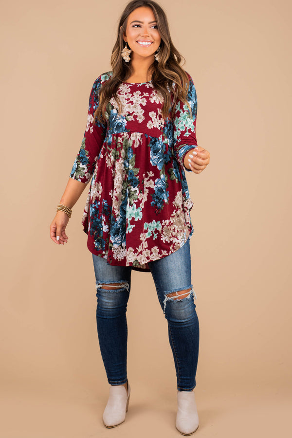 3/4 sleeve floral babydoll tunic