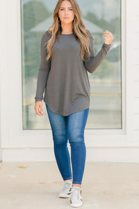 gray, top, long sleeves, round neckline, gray top