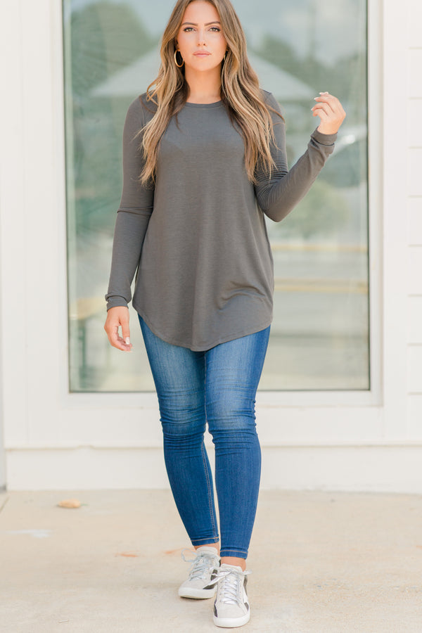 gray, top, long sleeves, round neckline, gray top