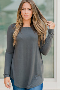 gray, top, long sleeves, round neckline, gray top