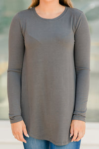 gray, top, long sleeves, round neckline, gray top