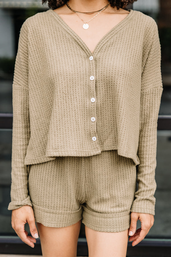 Get The Message Olive Green Waffle Knit Lounge Top
