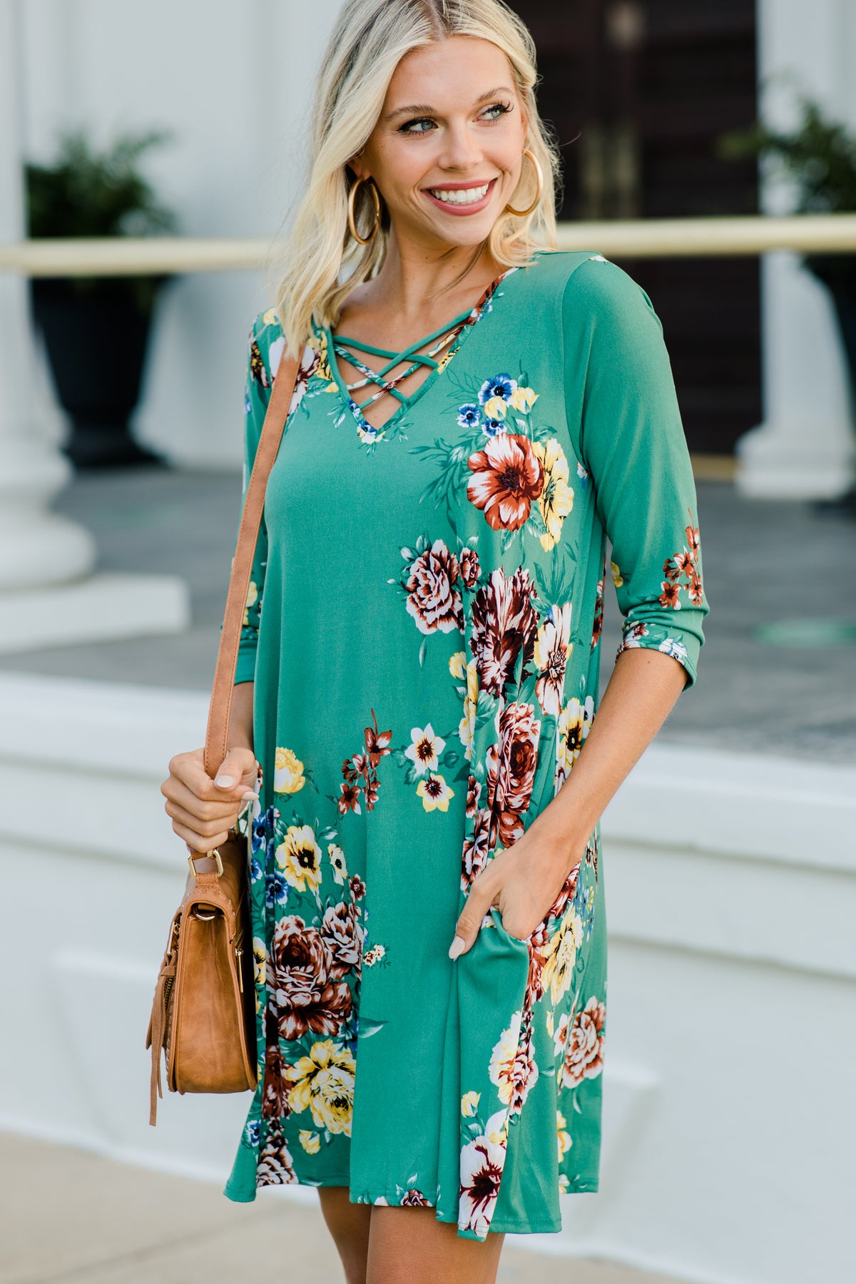 Feminine Teal Blue Floral Dress - Boutique Dresses – Shop the Mint