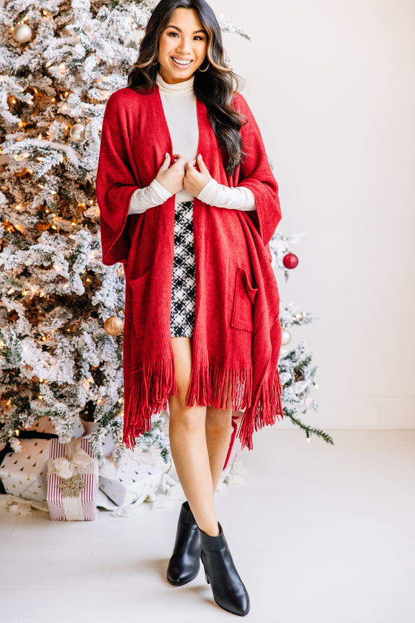 Take Your Word Red Tassel Open Front Poncho