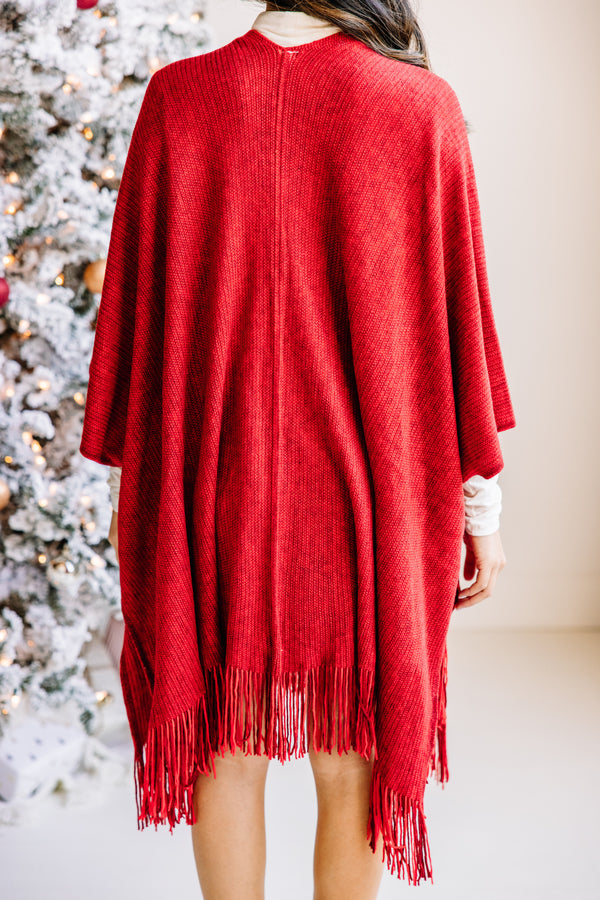 Take Your Word Red Tassel Open Front Poncho