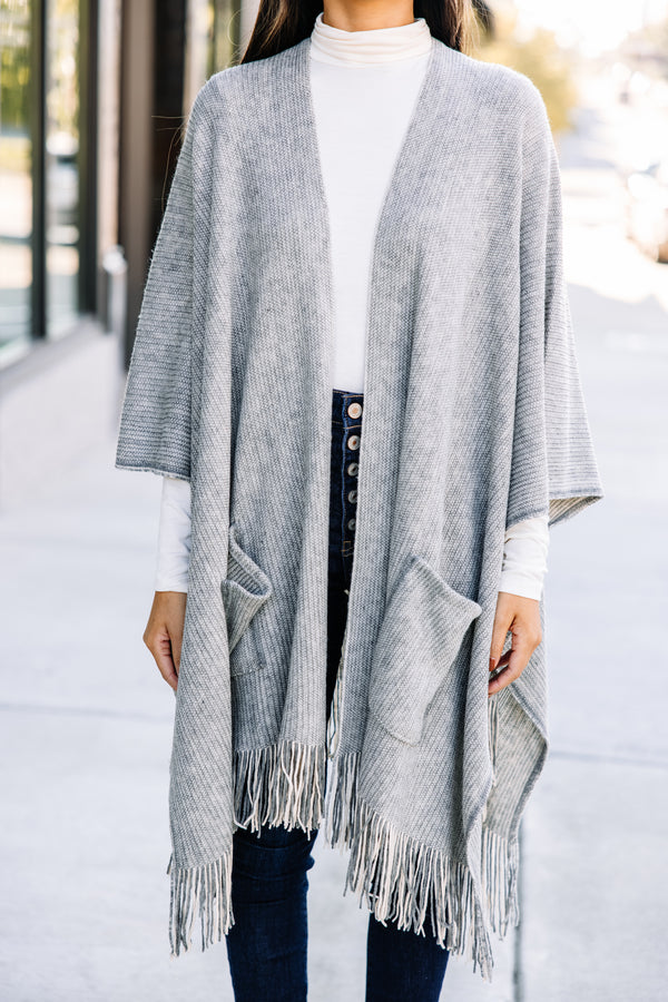Take Your Word Gray Tassel Open Front Poncho