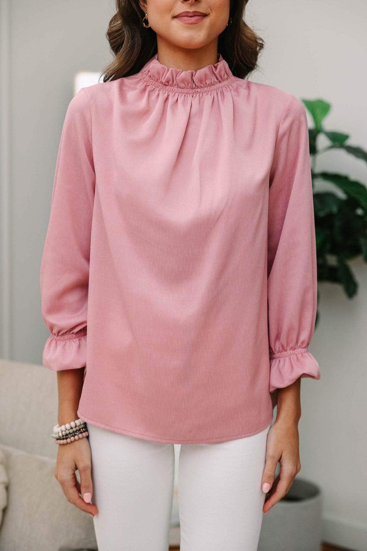 Feminine Blush Pink Ruffled Blouse - Women's Blouses – Shop the Mint