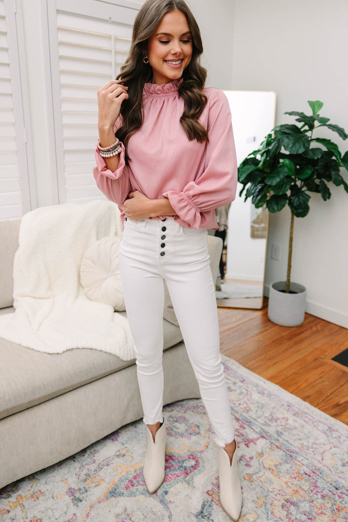 Feminine Blush Pink Ruffled Blouse - Women's Blouses – Shop the Mint