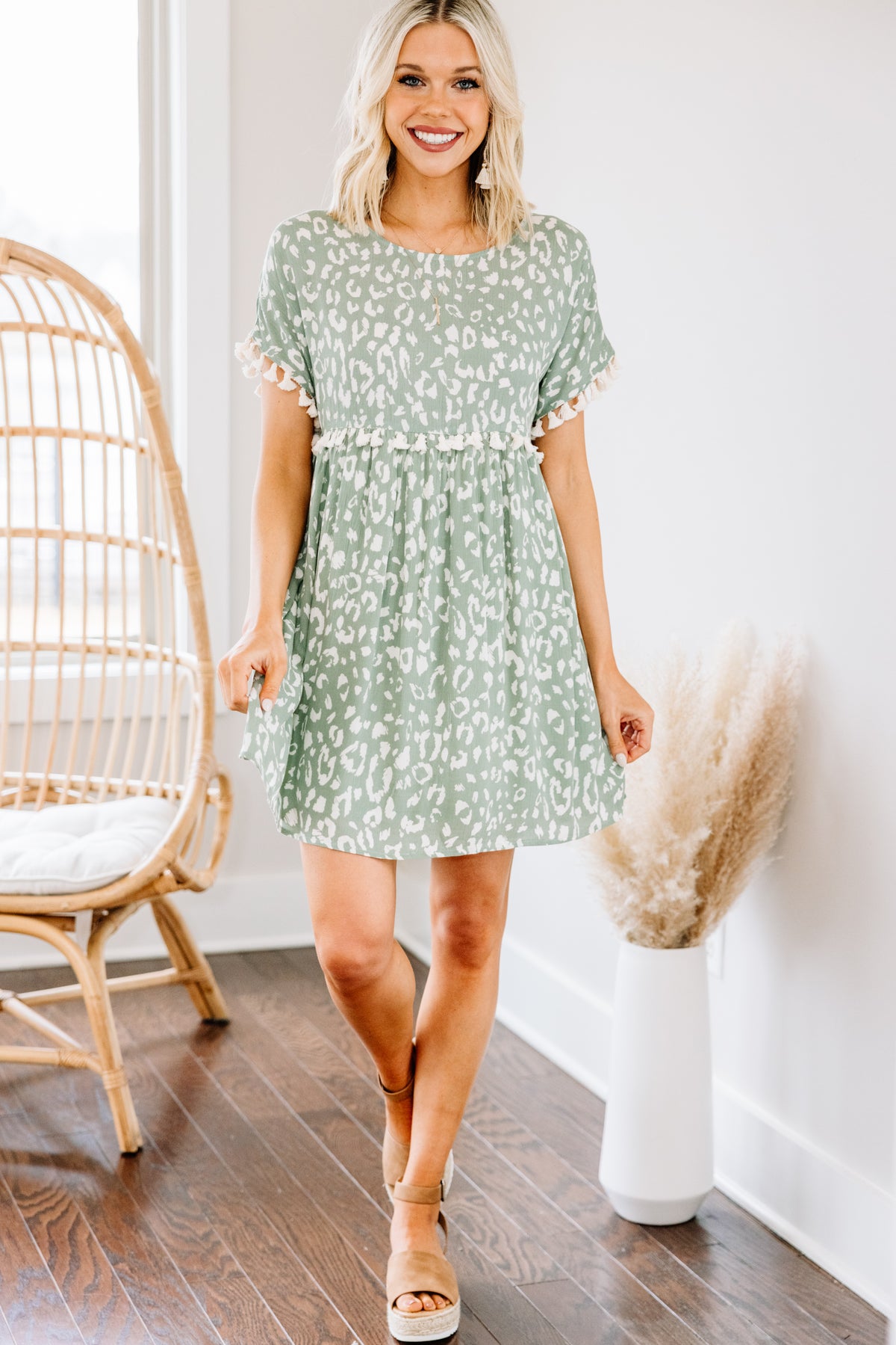 Light Sage Green Leopard Tassel Dress - Fun Spring Dresses – Shop the Mint