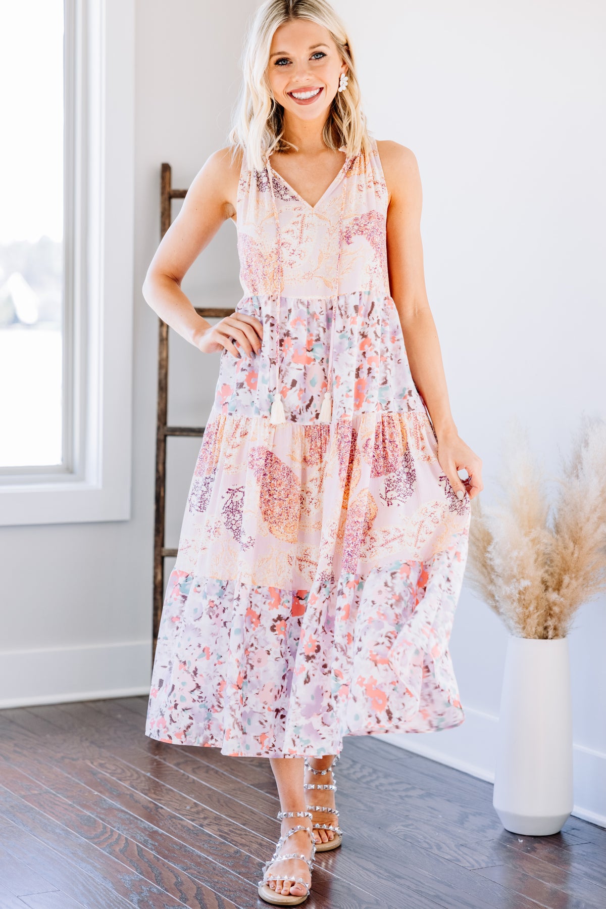 Cute Blush Pink Boho Midi Dress - Trendy Mixed Prints – Shop the Mint