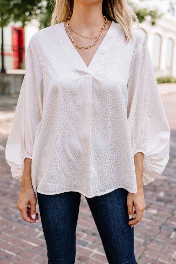 Put On A Show Ivory White Satin Leopard Blouse