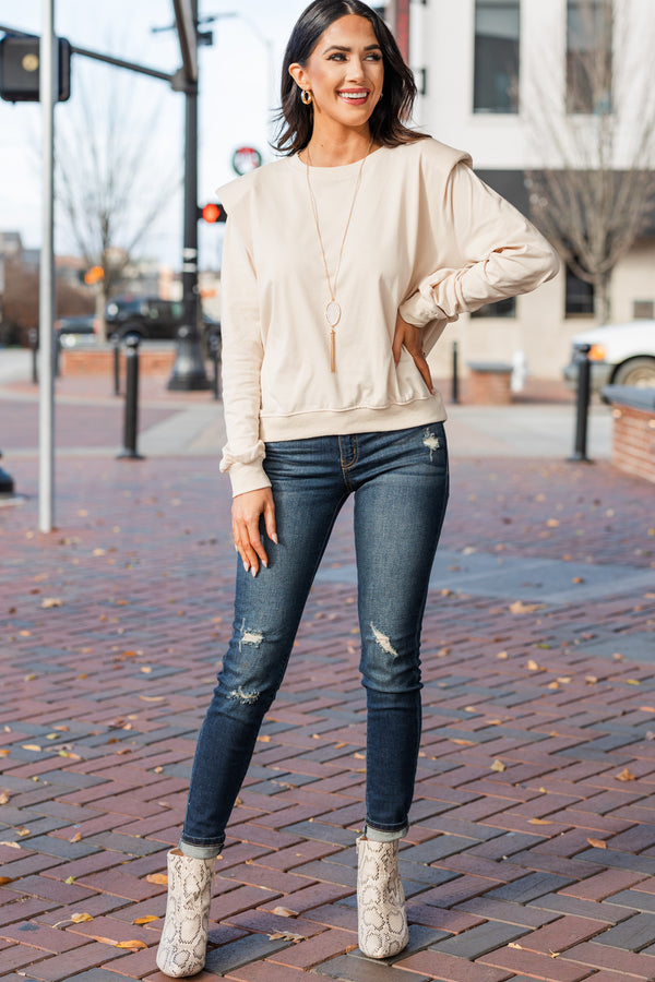 solid long sleeve top with padded shoulders