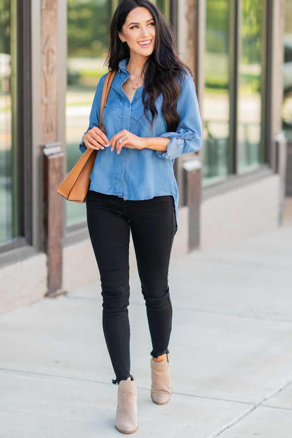 chambray button down top
