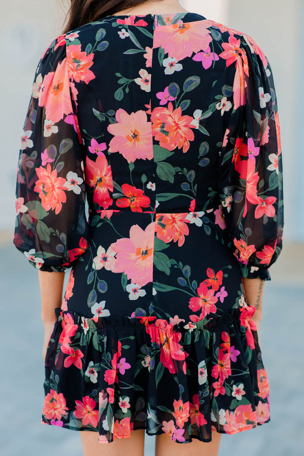 bold floral bubble sleeve dress