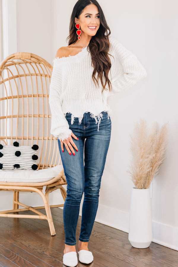 Feeling Brand New Ivory White Distressed Sweater