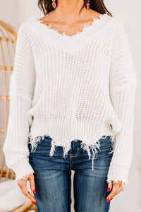 Feeling Brand New Ivory White Distressed Sweater
