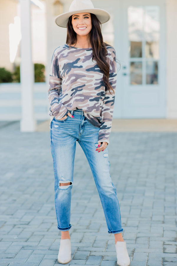 waffle knit camo top