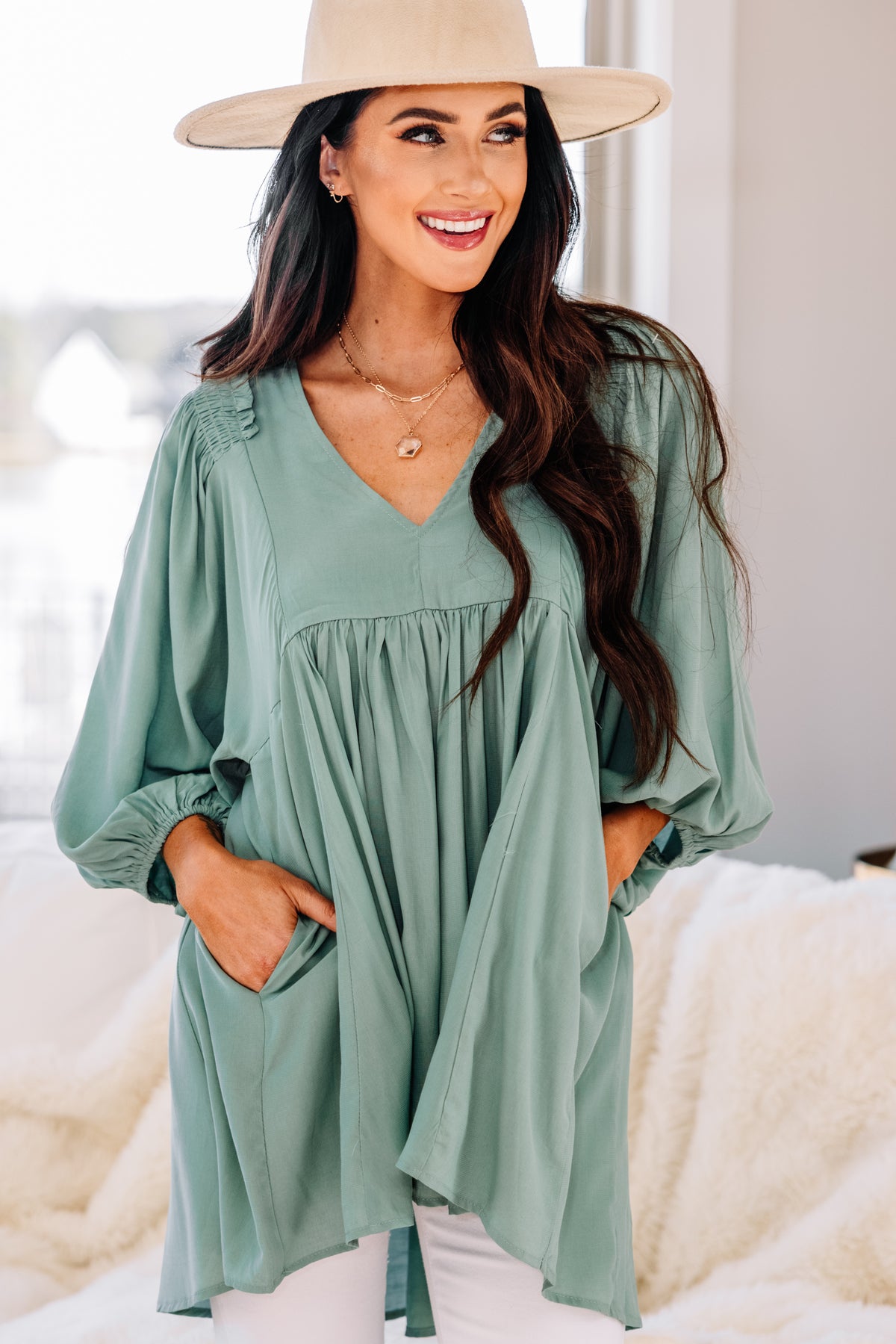 Cute Sage Green Babydoll Tunic - Trendy Women's Tunics – Shop the Mint