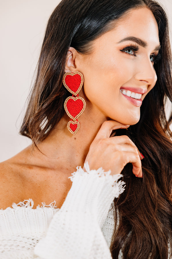 Treasure Jewels: Triple Beaded Heart Red Earrings