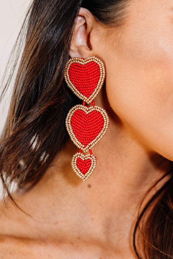 Treasure Jewels: Triple Beaded Heart Red Earrings