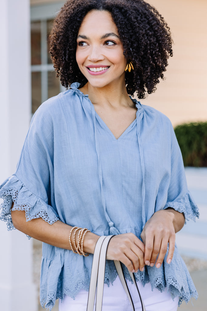 Relaxed Chambray Blue Ruffled Top - Trendy Women's Tops – Shop the Mint