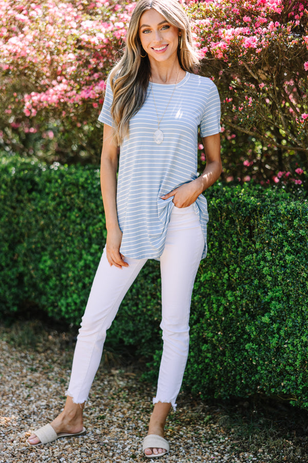 Let's Meet Later Light Blue and Ivory Striped Top