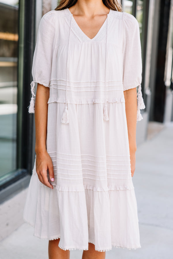 white ruffled midi dress