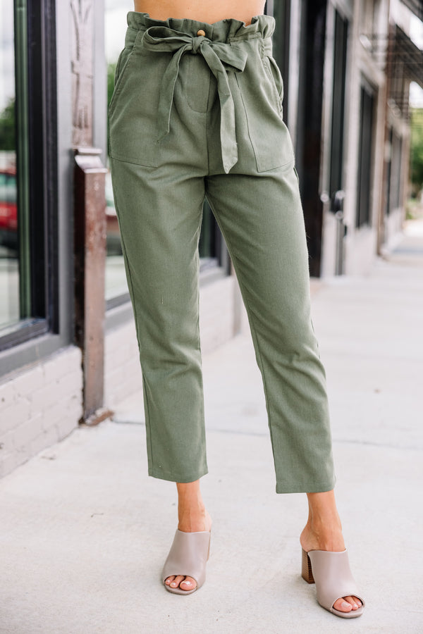 Trendy Olive Green Paperbag Pants - Boutique Work Attire – Shop